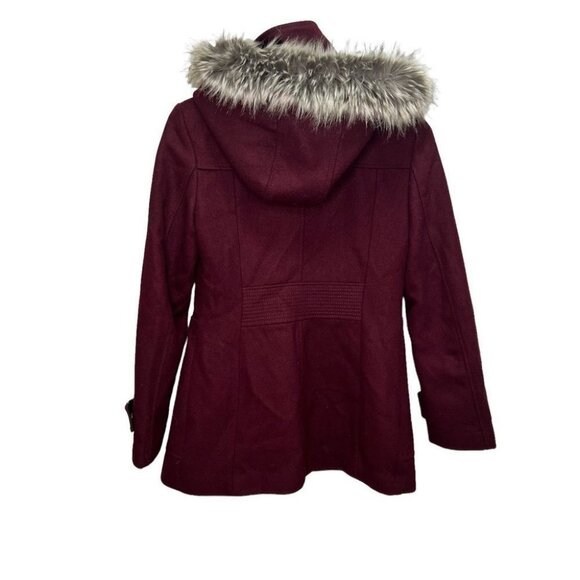 Kenneth Cole Burgundy Wool Blend Faux Fur Hooded Coat Size XS - Picture 2 of 13